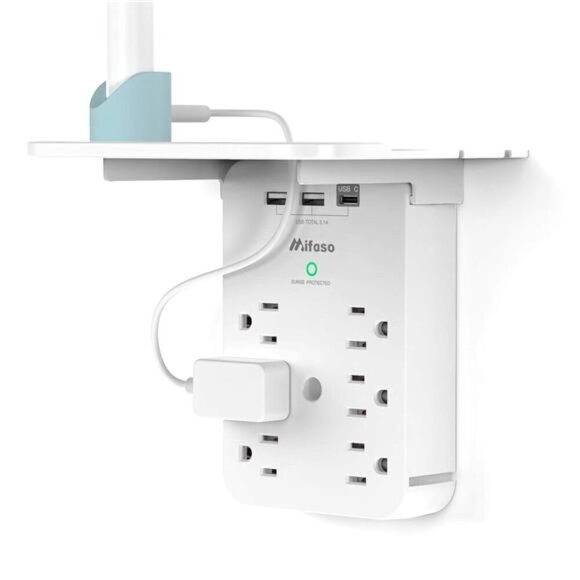 Wall Outlet Extender with Surge Protector 6 AC Outlets, Shelf USB Charging Ports - Picture 1 of 8